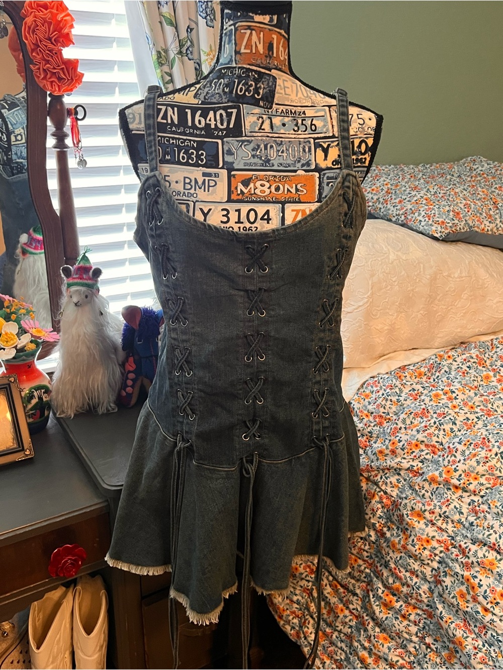 Dolls Kill Current Mood Little Miss Attitude Denim Lace-Up Mini Dress XL